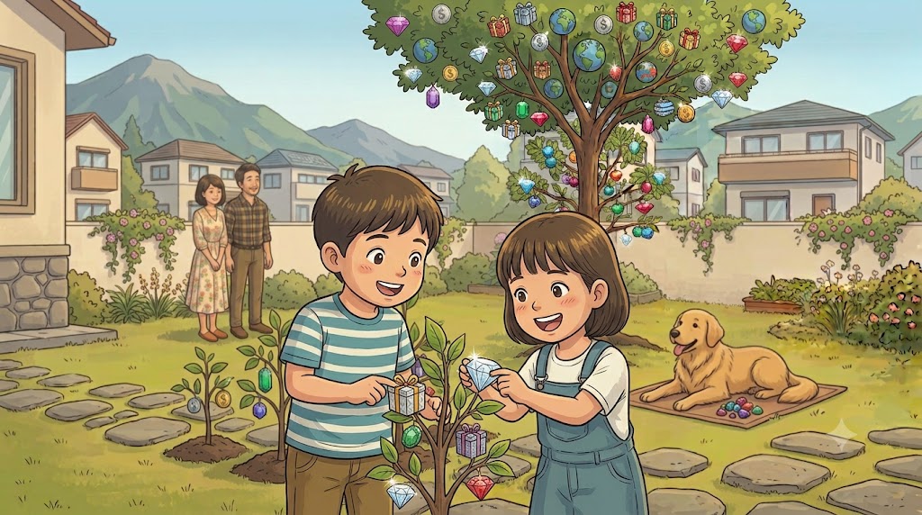 プレゼントや宝石の成る木を喜ぶ子ども