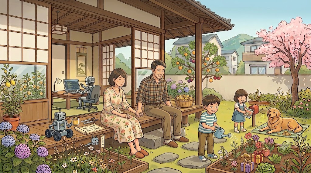 4つの投資が育つ庭で幸せに暮らす家族