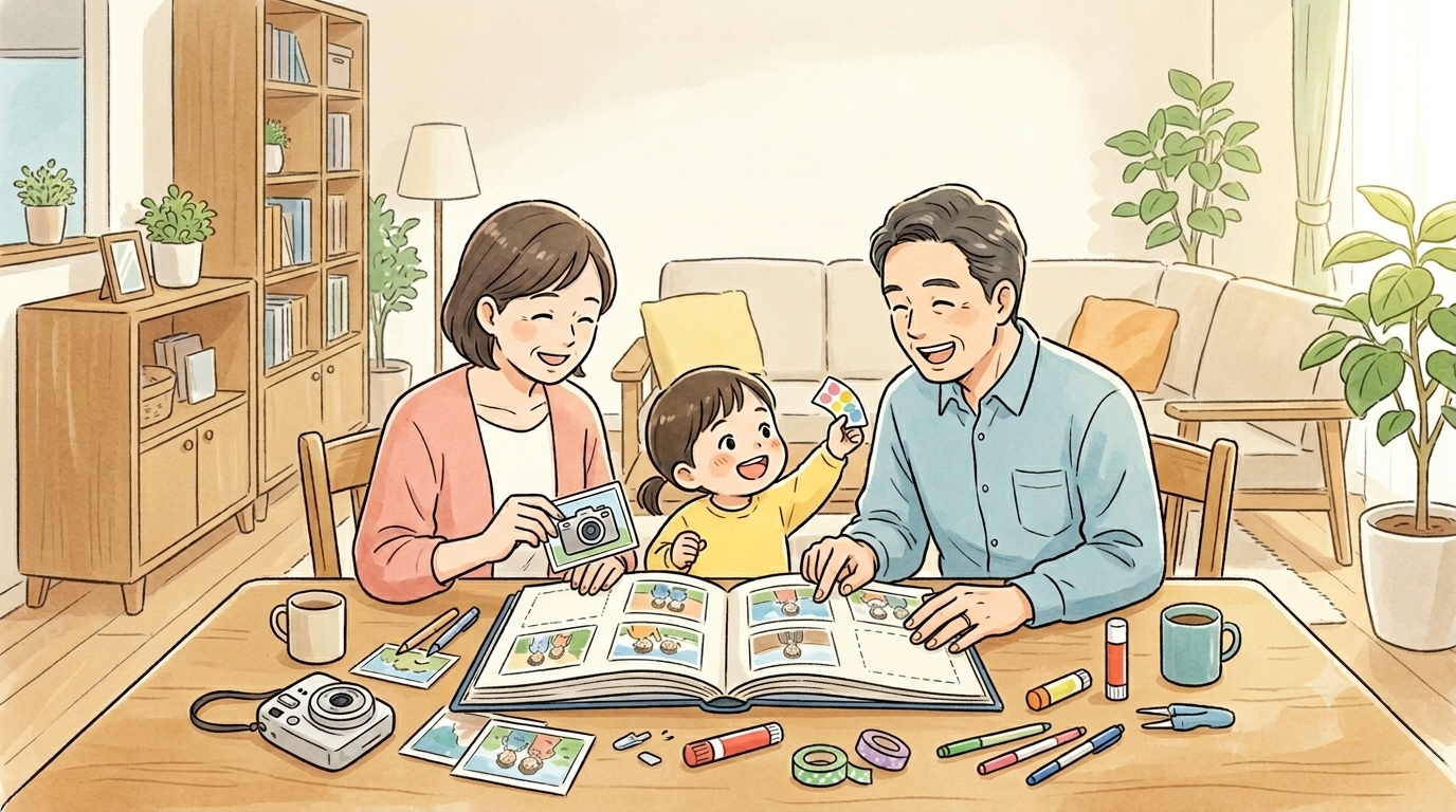 エディオンの株主優待で、アルバム作りをする我が家のイメージ図
