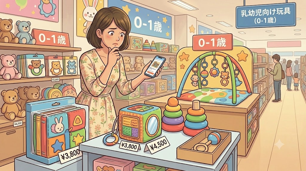高額なおもちゃ売り場の前で悩む親