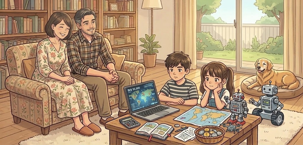 旅行計画を練る子どもたちと見守る両親