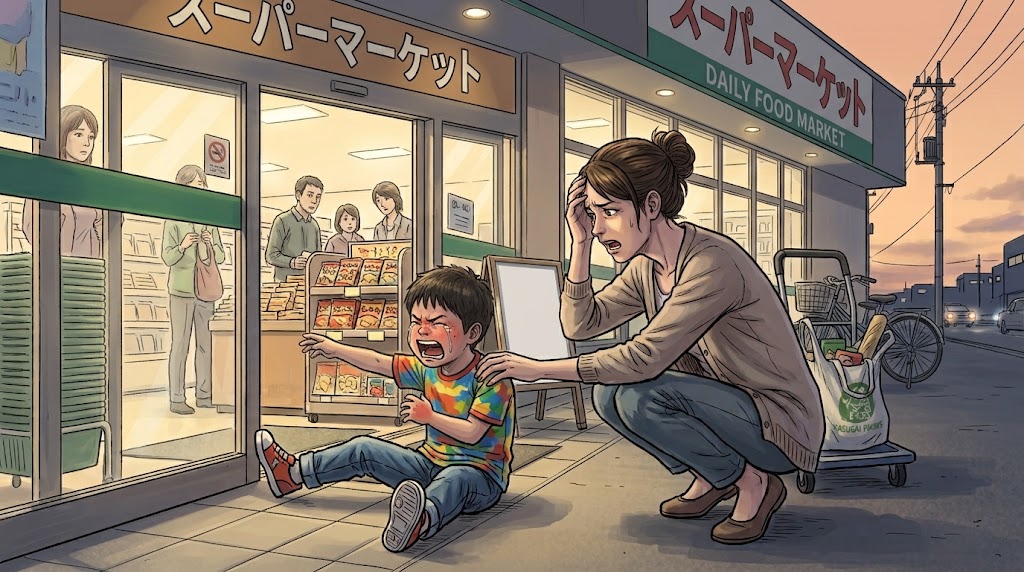 スーパーの前で駄々をこねる子どもと、それに困る親